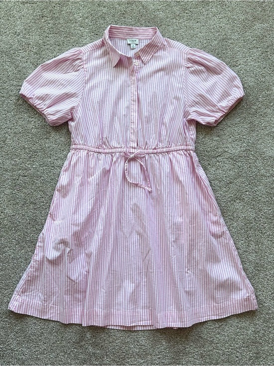 J. Crew Dresses & Skirts - J. Crew Pink White Striped Puff Sleeve Shirtdress Size 8 Cotton Blend Pockets